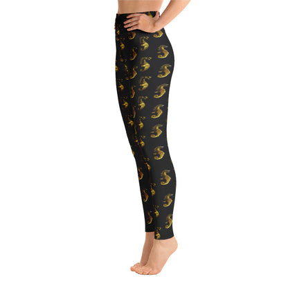 Gold & Black Seahorse Printed Yoga Leggings For Women