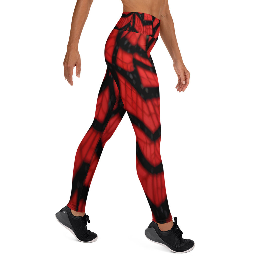 Black & Red Spiderwebs Print Yoga Leggings For Women