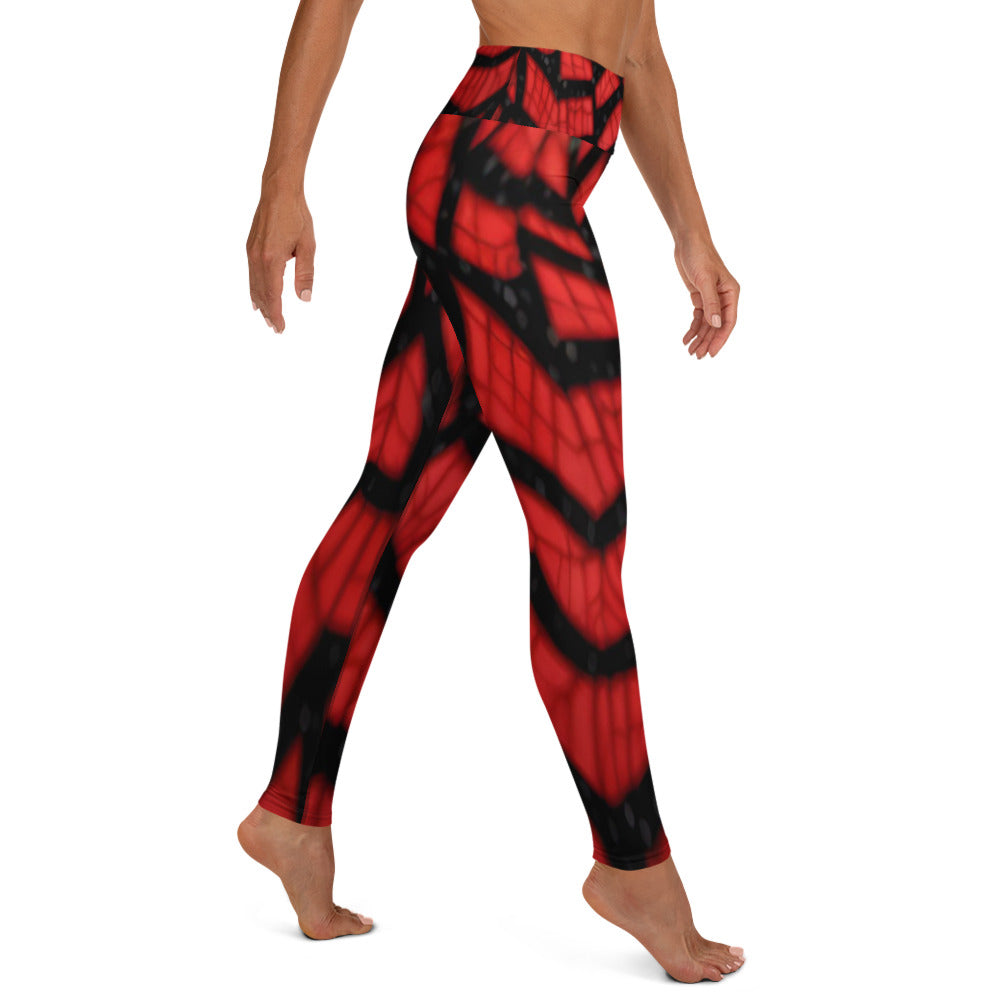 Black & Red Spiderwebs Print Yoga Leggings For Women
