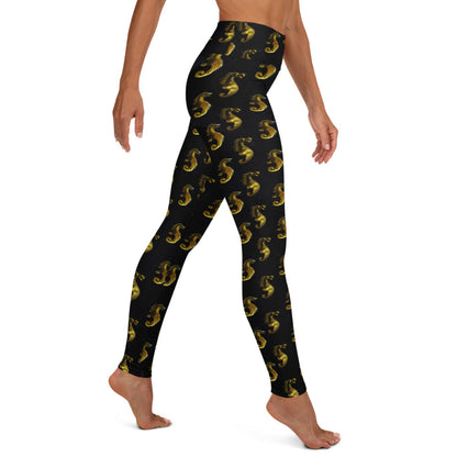 Gold & Black Seahorse Printed Yoga Leggings For Women
