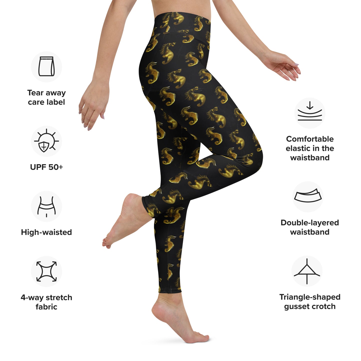 Gold & Black Seahorse Printed Yoga Leggings For Women