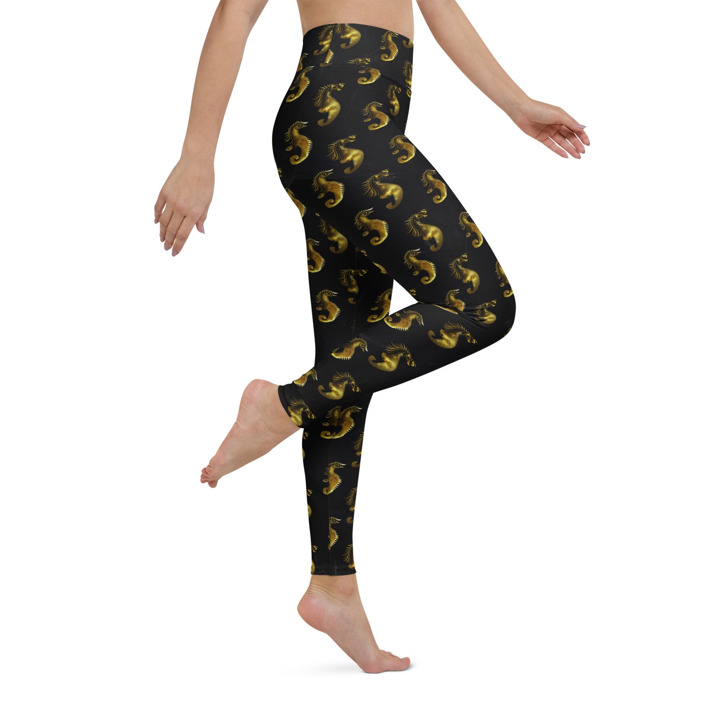 Gold & Black Seahorse Printed Yoga Leggings For Women